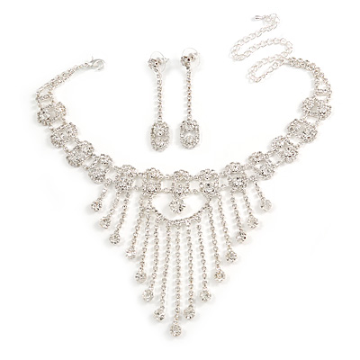 Treasured Heirloom Bib Necklace And Drop Earring Set (Silver Tone) - main view