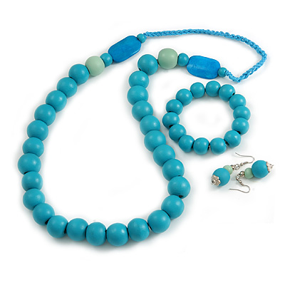 Mint/ Turquoise Coloured Wooden Bead Necklace, Flex Bracelet and Drop Earrings Set - 80cm Long - main view