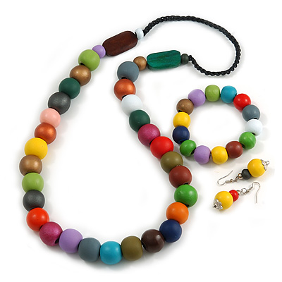 Multicoloured Long Wooden Bead Necklace, Flex Bracelet and Drop Earrings Set - 80cm Long