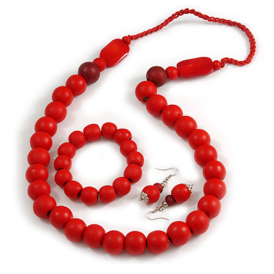 Red Wooden Bead Necklace, Flex Bracelet and Drop Earrings Set - 80cm Long - main view
