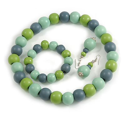 Pastel Mint/ Green/ Grey Wood Flex Necklace, Bracelet and Drop Earrings Set - 46cm L