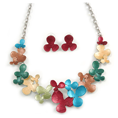 Romantic Multicoloured Matt Enamel Floral Necklace & Stud Earrings In Rhodium Plated Metal - 46cm L/ 6cm Ext - main view