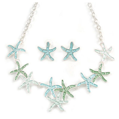 Pastel Mint/ Green/ Blue Matt Enamel Starfish Necklace & Stud Earrings In Silver Tone Metal - 42cm L/ 6cm Ext