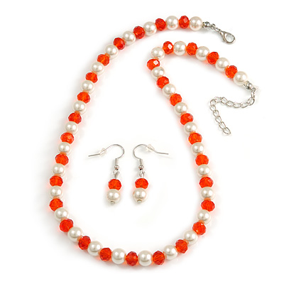 Amber Orange Glass Bead, White Glass Faux Pearl Neckalce & Drop Earrings Set with Silver Tone Clasp - 40cm L/ 4cm Ext
