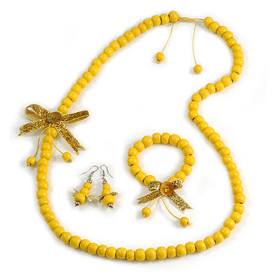 Yellow Wooden Bead with Bow Long Necklace, Bracelet and Drop Earrings Set - 80cm Long