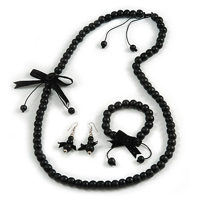 Black Wooden Bead with Bow Long Necklace, Bracelet and Drop Earrings Set - 80cm Long