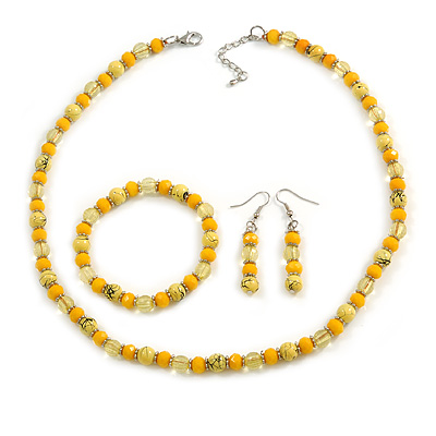 Yellow Glass/ Ceramic Bead with Silver Tone Spacers Necklace/ Earrings/ Bracelet Set - 48cm L/ 7cm Ext