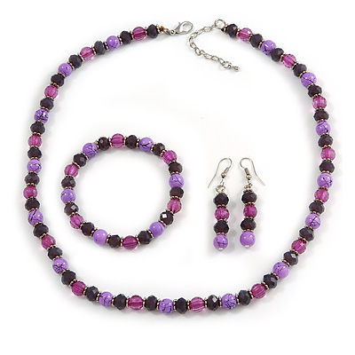 Deep Purple/ Lilac/ Violet Glass/ Ceramic Bead with Silver Tone Spacers Necklace/ Earrings/ Bracelet Set - 48cm L/ 7cm Ext