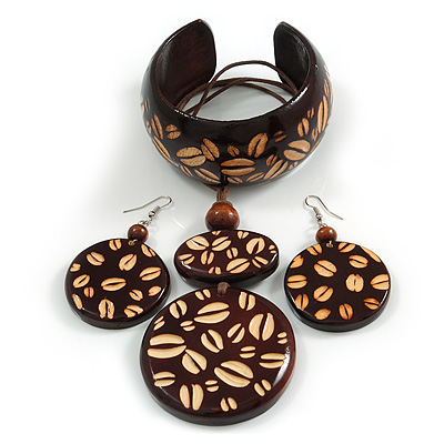 Long Brown Cord Wooden Pendant with Coffee Beans Motif, Drop Earrings and Cuff Bangle Set in Brown - 76cm L/ Medium Size Bangle