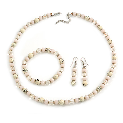 Cream/ Pale Pink/ Transparent Glass/ Ceramic Bead with Silver Tone Spacers Necklace/ Earrings/ Bracelet Set - 48cm L/ 7cm Ext