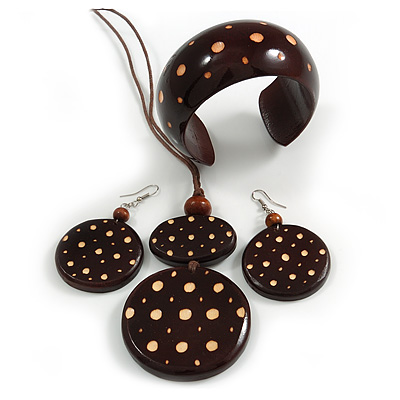Long Brown Cord Wooden Pendant with Dotted Motif, Drop Earrings and Cuff Bangle Set in Brown - 76cm L/ Medium Size Bangle - main view