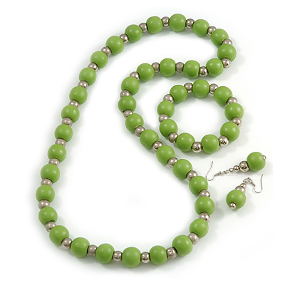 Light Green Wood and Silver Acrylic Bead Necklace, Earrings, Bracelet Set - 70cm Long - main view