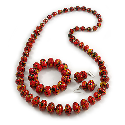 Red/ Black/ Gold Wooden Bead Long Necklace, Drop Earrings, Flex Bracelet Set - 80cm Long - main view