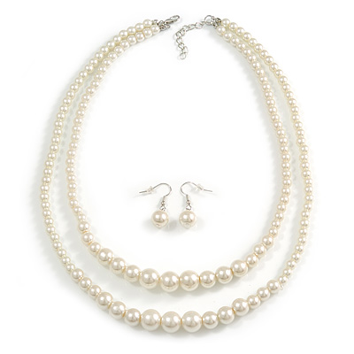 2 Strand Layered Light Cream Graduated Glass Bead Necklace and Drop Earrings Set - 50cm L/ 4cm Ext