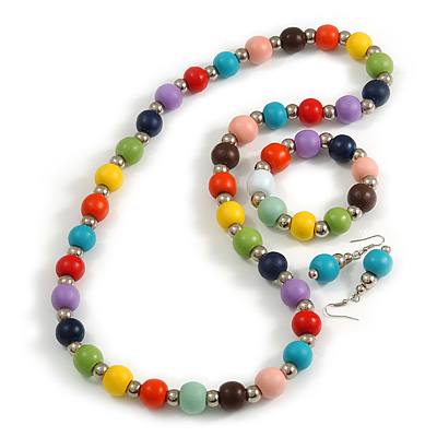 Multicoloured Wood and Silver Acrylic Bead Necklace, Earrings, Bracelet Set - 70cm Long