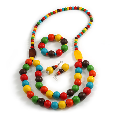 Chunky Multicoloured Long Wooden Bead Necklace, Flex Bracelet and Drop Earrings Set - 90cm Long