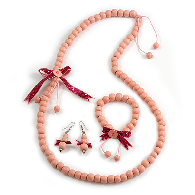 Pastel Pink Wooden Bead with Bow Long Necklace, Bracelet and Drop Earrings Set - 80cm Long - main view