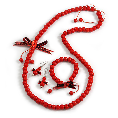 Red Wooden Bead with Bow Long Necklace, Bracelet and Drop Earrings - 80cm Long