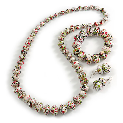 White/ Black/ Green/ Magenta Wooden Bead Long Necklace, Drop Earrings, Flex Bracelet Set - 80cm Long