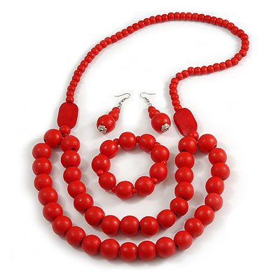 Chunky Red Long Wooden Bead Necklace, Flex Bracelet and Drop Earrings Set - 90cm Long