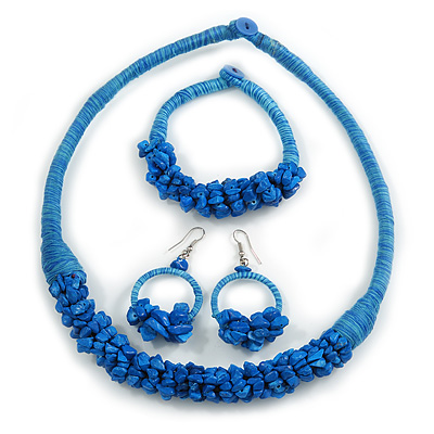 Ethnic Handmade Semiprecious Stone with Cotton Cord Necklace, Bracelet and Hoop Earrings Set In Blue - 56cm L - main view