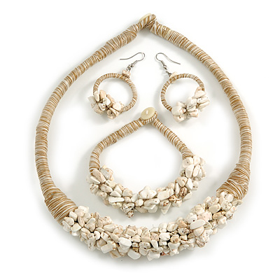 Ethnic Handmade Semiprecious Stone with Cotton Cord Necklace, Bracelet and Hoop Earrings Set In Antique White/ Beige - 56cm L