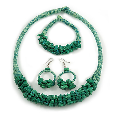 Ethnic Handmade Semiprecious Stone with Cotton Cord Necklace, Bracelet and Hoop Earrings Set In Green - 56cm L - main view