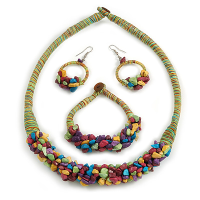 Ethnic Handmade Semiprecious Stone with Cotton Cord Necklace, Bracelet and Hoop Earrings Set In Multi - 56cm L