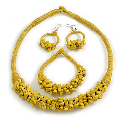 Ethnic Handmade Semiprecious Stone with Cotton Cord Necklace, Bracelet and Hoop Earrings Set In Yellow - 56cm L