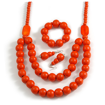 Chunky Orange Long Wooden Bead Necklace, Flex Bracelet and Drop Earrings Set - 90cm Long - main view