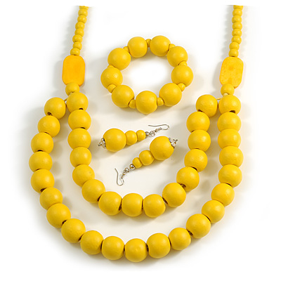 Chunky Yellow Long Wooden Bead Necklace, Flex Bracelet and Drop Earrings Set - 90cm Long - main view