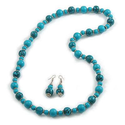 Long Wood Bead Necklace and Earring Set with Animal Print in Turquoise Colour/ 80cm L