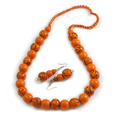 Chunky Wood Bead Cord Necklace and Earring Set with Animal Print in Orange/ 76cm L