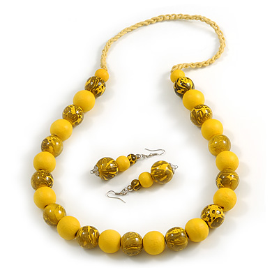 Chunky Wood Bead Cord Necklace and Earring Set with Animal Print in Yellow/ 76cm L