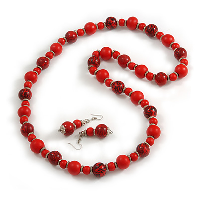 Long Wood Bead Necklace and Earring Set with Animal Print in Red/ 80cm L