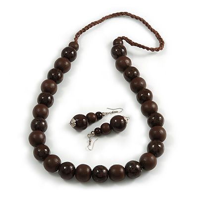 Chunky Wood Bead Cord Necklace and Earring Set with Animal Print in Dark Brown/ 76cm L