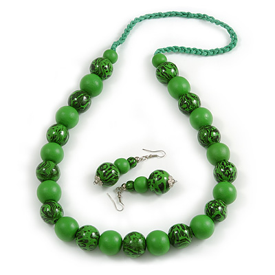 Chunky Wood Bead Cord Necklace and Earring Set with Animal Print in Green/ 76cm L - main view