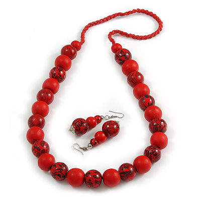 Chunky Wood Bead Cord Necklace and Earring Set with Animal Print in Red/ 76cm L - main view