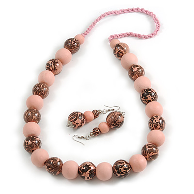 Chunky Wood Bead Cord Necklace and Earring Set with Animal Print in Pastel Pink/ 76cm L