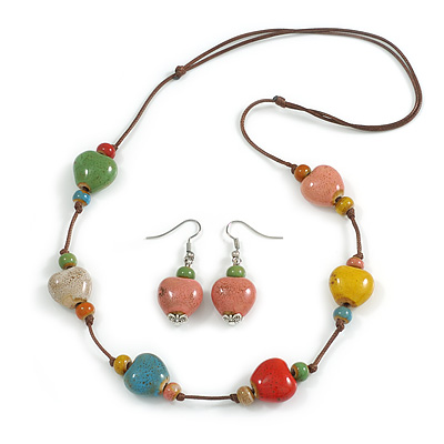 Multicoloured Ceramic Heart Bead Brown Cord Necklace and Drop Earrings Set/48cm L/Slight Variation In Colour/Natural Irregularities