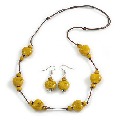 Dusty Yellow Ceramic Heart Bead Brown Cord Necklace and Drop Earrings Set/48cm L/Slight Variation In Colour/Natural Irregularities - main view
