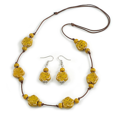 Dusty Yellow Ceramic Flower Bead Brown Cord Necklace and Drop Earrings Set/48cm L/Slight Variation In Colour/Natural Irregularities - main view
