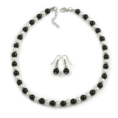 8mm Black/White Glass Bead Necklace and Drop Earrings Set - 40cm L/ 3cm Ext