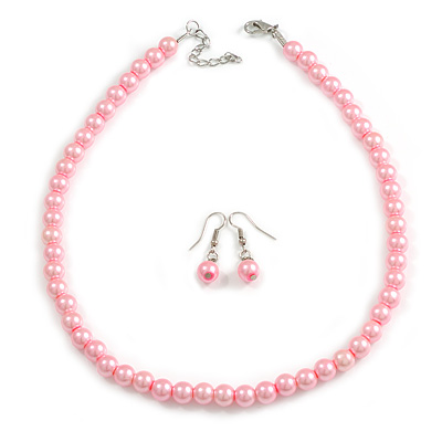 8mm Pastel Pink Glass Bead Necklace and Drop Earrings Set/41cm L/ 5cm Ext - main view