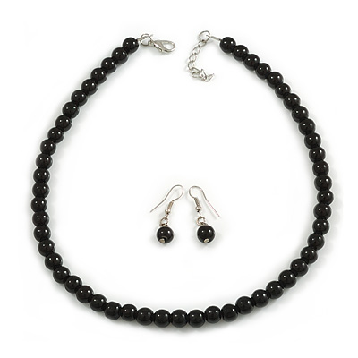 8mm Black Ceramic Bead Necklace and Drop Earrings Set/41cm L/ 5cm Ext