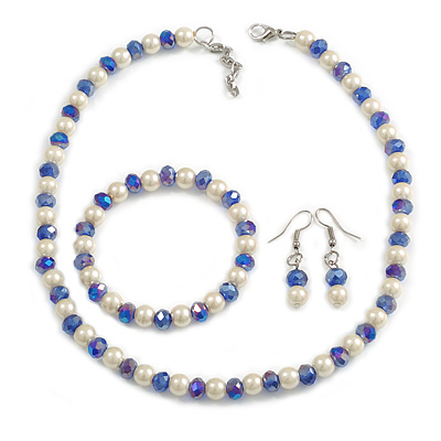 8mm/Blue Glass Bead and White Faux Pearl Necklace/Flex Bracelet/Drop Earrings Set - 43cm L/4cm Ext