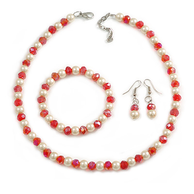 8mm/Red Glass Bead and White Faux Pearl Necklace/Flex Bracelet/Drop Earrings Set - 43cm L/4cm Ext