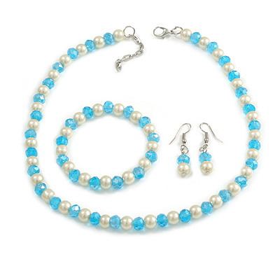 8mm/Azure Blue Glass Bead and White Faux Pearl Necklace/Flex Bracelet/Drop Earrings Set - 43cmL/4cm Ext - main view