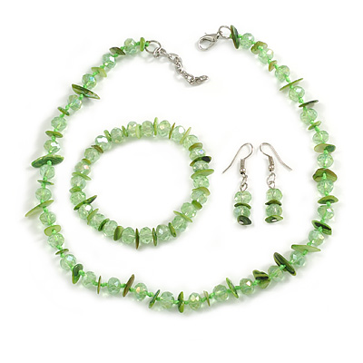 Spring Green Glass/Lime Green Shell Necklace/ Flex Bracelet (Size M) / Drop Earrings Set - 40cm L/5cm Ext - main view