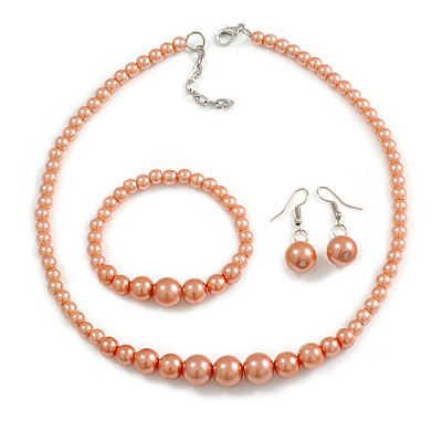Peach Orange Glass Bead Necklace/ Stretch Bracelet/Drop Earrings Set - 44cm L/ 4cm Ext